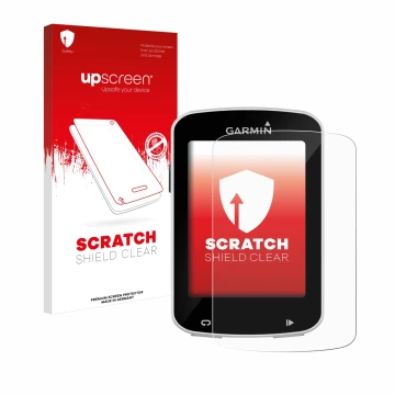 Parte frontal de un envase de producto con el logotipo de la marca upscreen. Al lado se muestra el dispositivo Garmin Edge Exp