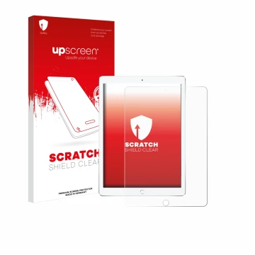 Parte frontal de un envase de producto con el logotipo de la marca upscreen. Al lado se muestra el dispositivo Apple iPad Pro 