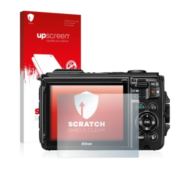 Parte frontal de un envase de producto con el logotipo de la marca upscreen. Al lado se muestra el dispositivo Nikon Coolpix W