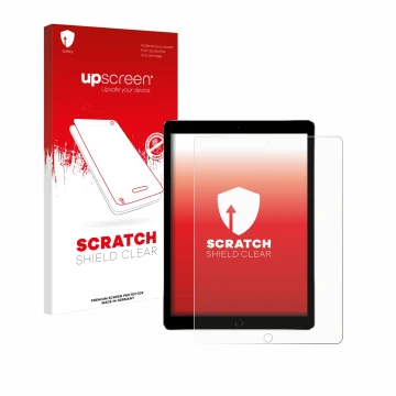 Parte frontal de un envase de producto con el logotipo de la marca upscreen. Al lado se muestra el dispositivo Apple iPad Pro 