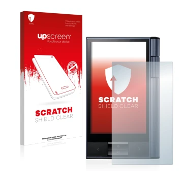 Parte frontal de un envase de producto con el logotipo de la marca upscreen. Al lado se muestra el dispositivo Astell&Kern AK 
