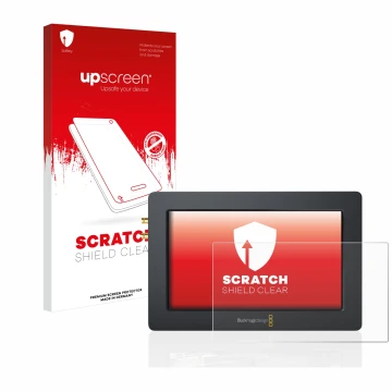 Parte frontal de un envase de producto con el logotipo de la marca upscreen. Al lado se muestra el dispositivo Blackmagic Desi