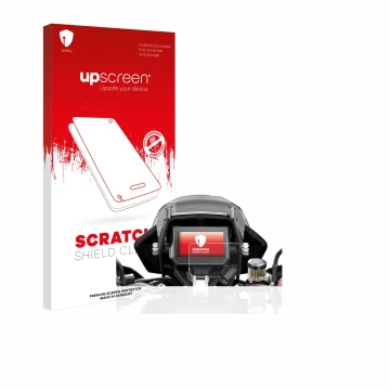 Parte frontal de un envase de producto con el logotipo de la marca upscreen. Al lado se muestra el dispositivo KTM 1290 Super 