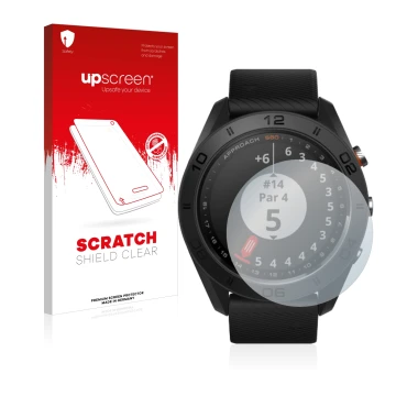 Parte frontal de un envase de producto con el logotipo de la marca upscreen. Al lado se muestra el dispositivo Garmin Approach