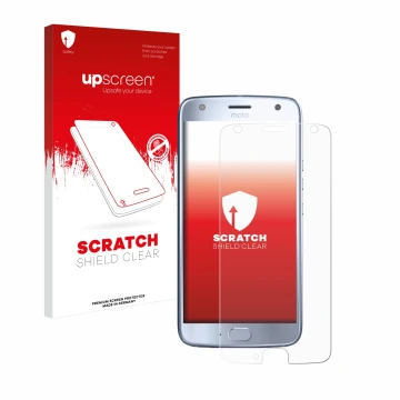Parte frontal de un envase de producto con el logotipo de la marca upscreen. Al lado se muestra el dispositivo Motorola Moto X