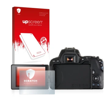 Parte frontal de un envase de producto con el logotipo de la marca upscreen. Al lado se muestra el dispositivo Canon EOS 200D 