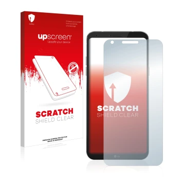 Parte frontal de un envase de producto con el logotipo de la marca upscreen. Al lado se muestra el dispositivo LG Q6 con su pr