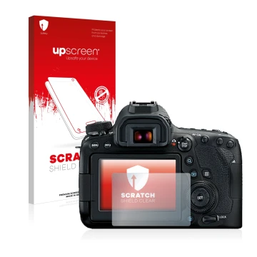 Parte frontal de un envase de producto con el logotipo de la marca upscreen. Al lado se muestra el dispositivo Canon EOS 6D Ma
