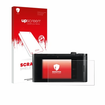 Parte frontal de un envase de producto con el logotipo de la marca upscreen. Al lado se muestra el dispositivo Leica TL2 con s
