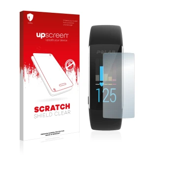 Parte frontal de un envase de producto con el logotipo de la marca upscreen. Al lado se muestra el dispositivo Polar A370 con 