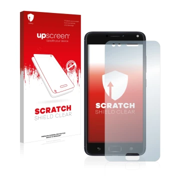 Parte frontal de un envase de producto con el logotipo de la marca upscreen. Al lado se muestra el dispositivo ASUS ZenFone 4 