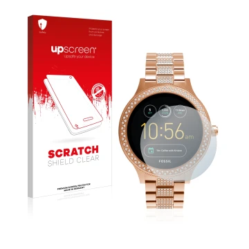 Parte frontal de un envase de producto con el logotipo de la marca upscreen. Al lado se muestra el dispositivo Fossil Q Ventur