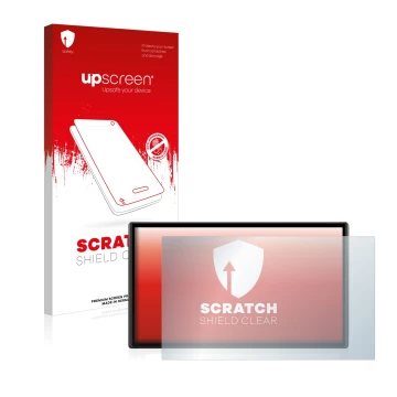 Parte frontal de un envase de producto con el logotipo de la marca upscreen. Al lado se muestra el dispositivo Garmin DriveSma