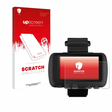 Parte frontal de un envase de producto con el logotipo de la marca upscreen. Al lado se muestra el dispositivo Garmin Foretrex