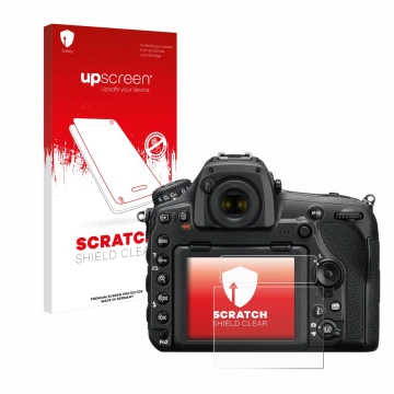 Parte frontal de un envase de producto con el logotipo de la marca upscreen. Al lado se muestra el dispositivo Nikon D850 con 