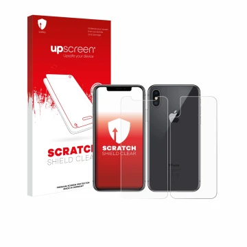 Parte frontal de un envase de producto con el logotipo de la marca upscreen. Al lado se muestra el dispositivo Apple iPhone X 