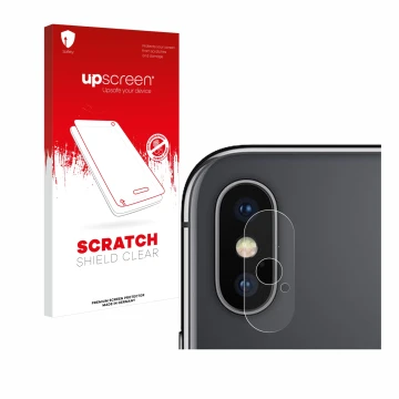 Parte frontal de un envase de producto con el logotipo de la marca upscreen. Al lado se muestra el dispositivo Apple iPhone X 