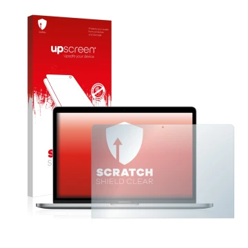 Parte frontal de un envase de producto con el logotipo de la marca upscreen. Al lado se muestra el dispositivo Apple MacBook P