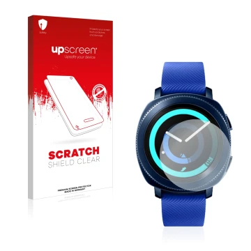 Parte frontal de un envase de producto con el logotipo de la marca upscreen. Al lado se muestra el dispositivo Samsung Gear Sp