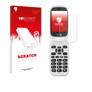Parte frontal de un envase de producto con el logotipo de la marca upscreen. Al lado se muestra el dispositivo Doro 6520 con s