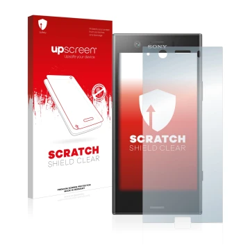 Parte frontal de un envase de producto con el logotipo de la marca upscreen. Al lado se muestra el dispositivo Sony Xperia XZ1