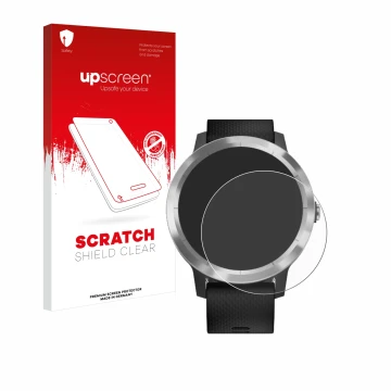 Parte frontal de un envase de producto con el logotipo de la marca upscreen. Al lado se muestra el dispositivo Garmin vivoacti