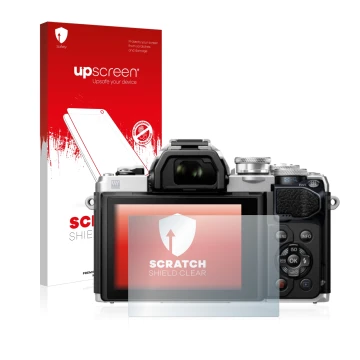Parte frontal de un envase de producto con el logotipo de la marca upscreen. Al lado se muestra el dispositivo Olympus OM-D E-