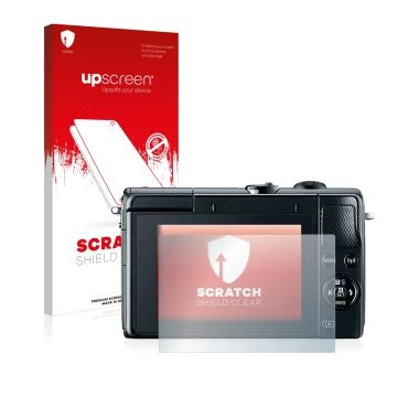 Parte frontal de un envase de producto con el logotipo de la marca upscreen. Al lado se muestra el dispositivo Canon EOS M100 