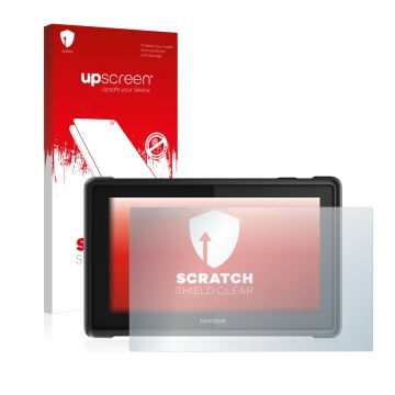 Parte frontal de un envase de producto con el logotipo de la marca upscreen. Al lado se muestra el dispositivo TomTom Pro 8275