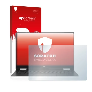 Parte frontal de un envase de producto con el logotipo de la marca upscreen. Al lado se muestra el dispositivo Dell XPS 13 936