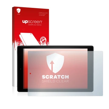 Parte frontal de un envase de producto con el logotipo de la marca upscreen. Al lado se muestra el dispositivo Amazon Fire HD 