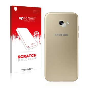 Parte frontal de un envase de producto con el logotipo de la marca upscreen. Al lado se muestra el dispositivo Samsung Galaxy 