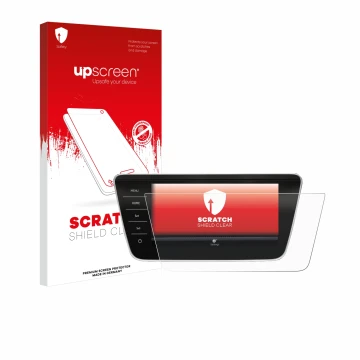 Parte frontal de un envase de producto con el logotipo de la marca upscreen. Al lado se muestra el dispositivo Skoda Superb Bu