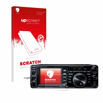 Parte frontal de un envase de producto con el logotipo de la marca upscreen. Al lado se muestra el dispositivo Yaesu FT-991A c