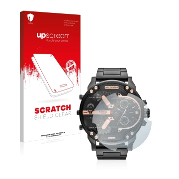 Parte frontal de un envase de producto con el logotipo de la marca upscreen. Al lado se muestra el dispositivo Diesel DZ7312 c
