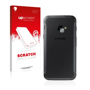 Parte frontal de un envase de producto con el logotipo de la marca upscreen. Al lado se muestra el dispositivo Samsung Galaxy 