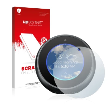 Parte frontal de un envase de producto con el logotipo de la marca upscreen. Al lado se muestra el dispositivo Amazon Echo Spo