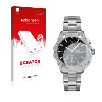 Parte frontal de un envase de producto con el logotipo de la marca upscreen. Al lado se muestra el dispositivo TAG Heuer Aquar