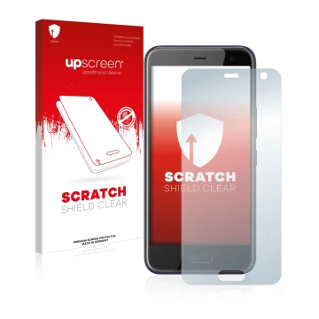 Parte frontal de un envase de producto con el logotipo de la marca upscreen. Al lado se muestra el dispositivo HTC U11 Life co