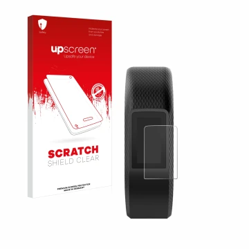 Parte frontal de un envase de producto con el logotipo de la marca upscreen. Al lado se muestra el dispositivo Garmin Vivospor