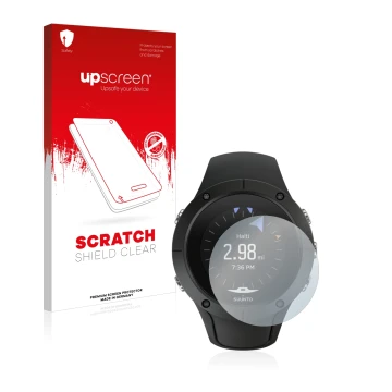 Parte frontal de un envase de producto con el logotipo de la marca upscreen. Al lado se muestra el dispositivo Suunto Spartan 