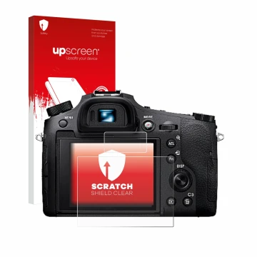 Parte frontal de un envase de producto con el logotipo de la marca upscreen. Al lado se muestra el dispositivo Sony Cyber-Shot