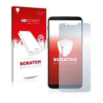 Parte frontal de un envase de producto con el logotipo de la marca upscreen. Al lado se muestra el dispositivo OnePlus 5T con 