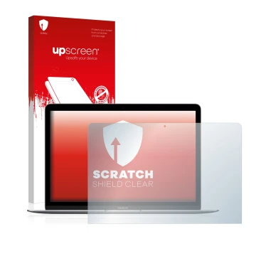 Parte frontal de un envase de producto con el logotipo de la marca upscreen. Al lado se muestra el dispositivo Apple MacBook R