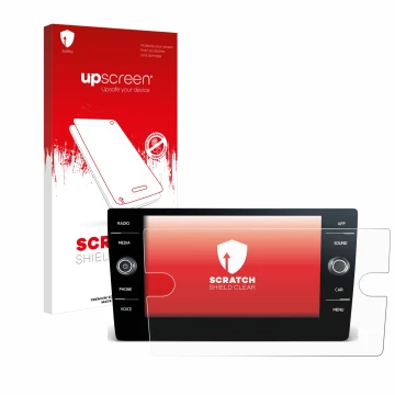 Parte frontal de un envase de producto con el logotipo de la marca upscreen. Al lado se muestra el dispositivo Volkswagen T-Ro