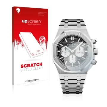 Parte frontal de un envase de producto con el logotipo de la marca upscreen. Al lado se muestra el dispositivo Audemars Piguet