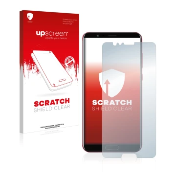 Parte frontal de un envase de producto con el logotipo de la marca upscreen. Al lado se muestra el dispositivo Honor View 10 c