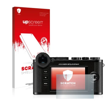 Parte frontal de un envase de producto con el logotipo de la marca upscreen. Al lado se muestra el dispositivo Leica CL con su