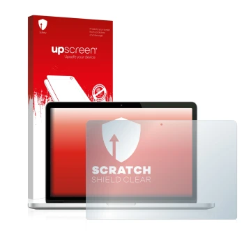 Parte frontal de un envase de producto con el logotipo de la marca upscreen. Al lado se muestra el dispositivo Apple MacBook P