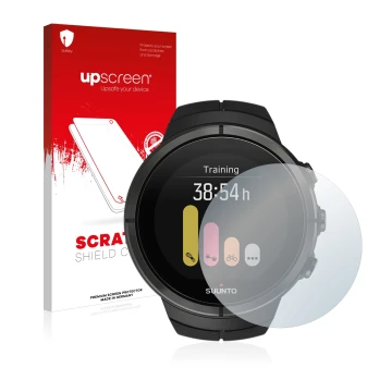 Parte frontal de un envase de producto con el logotipo de la marca upscreen. Al lado se muestra el dispositivo Suunto Spartan 